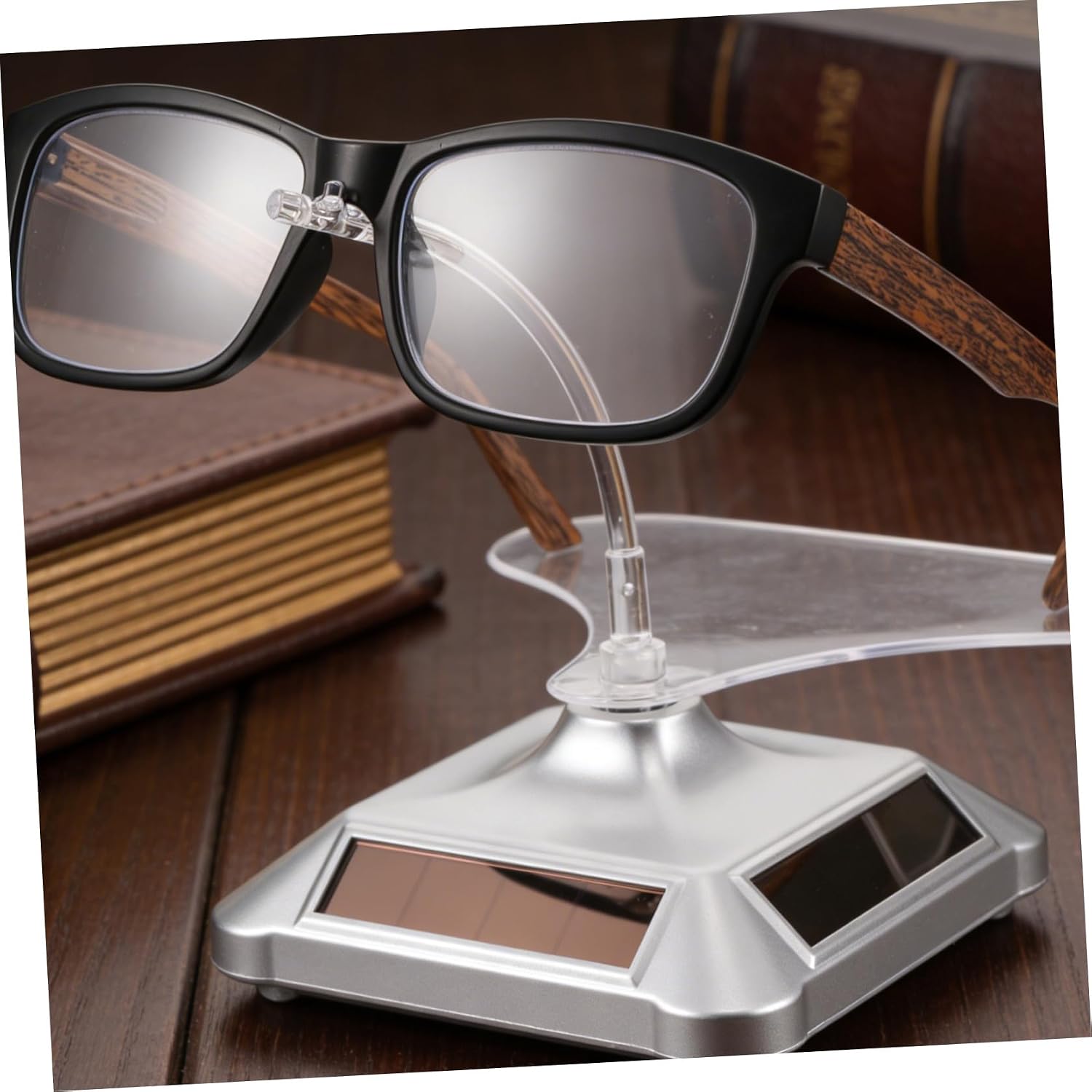 Silver Motorized Rotating Display Stand for Glasses and Jewelry with Plastic Material and Space Optimization Feature, Modern Look Suitable for Retail Space and Shop Use