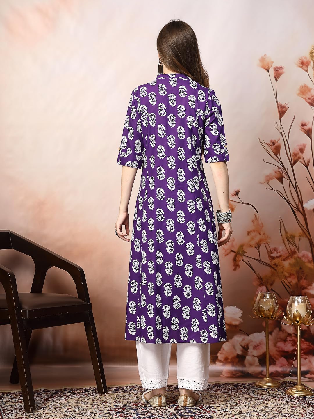 Stylum Women's Floral Printed Rayon A-Line Kurta (Johnyvoil38_Violet, M)