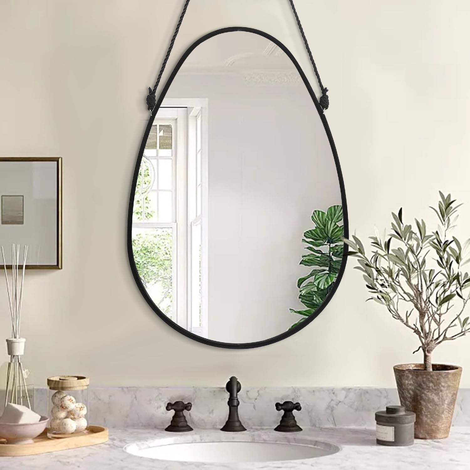 Irregular Wall Teardrop Shaped Hanging Mirror - Oval Wall-Mounted Mirror with Framed Mirror for Home - Bedroom, Bathroom, Living Room, Entryway, Hallway - 18x13 Inches Black