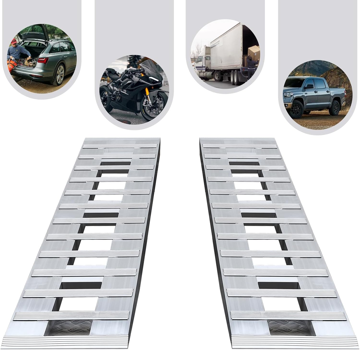 Aluminum Car Truck Ramps, 72" L X 15" W 6800 LBS Load Capacity, Truck Car Auto Trailer Ramps, Universal Hook Attaching End Knife Foot, Silver, Set of 2