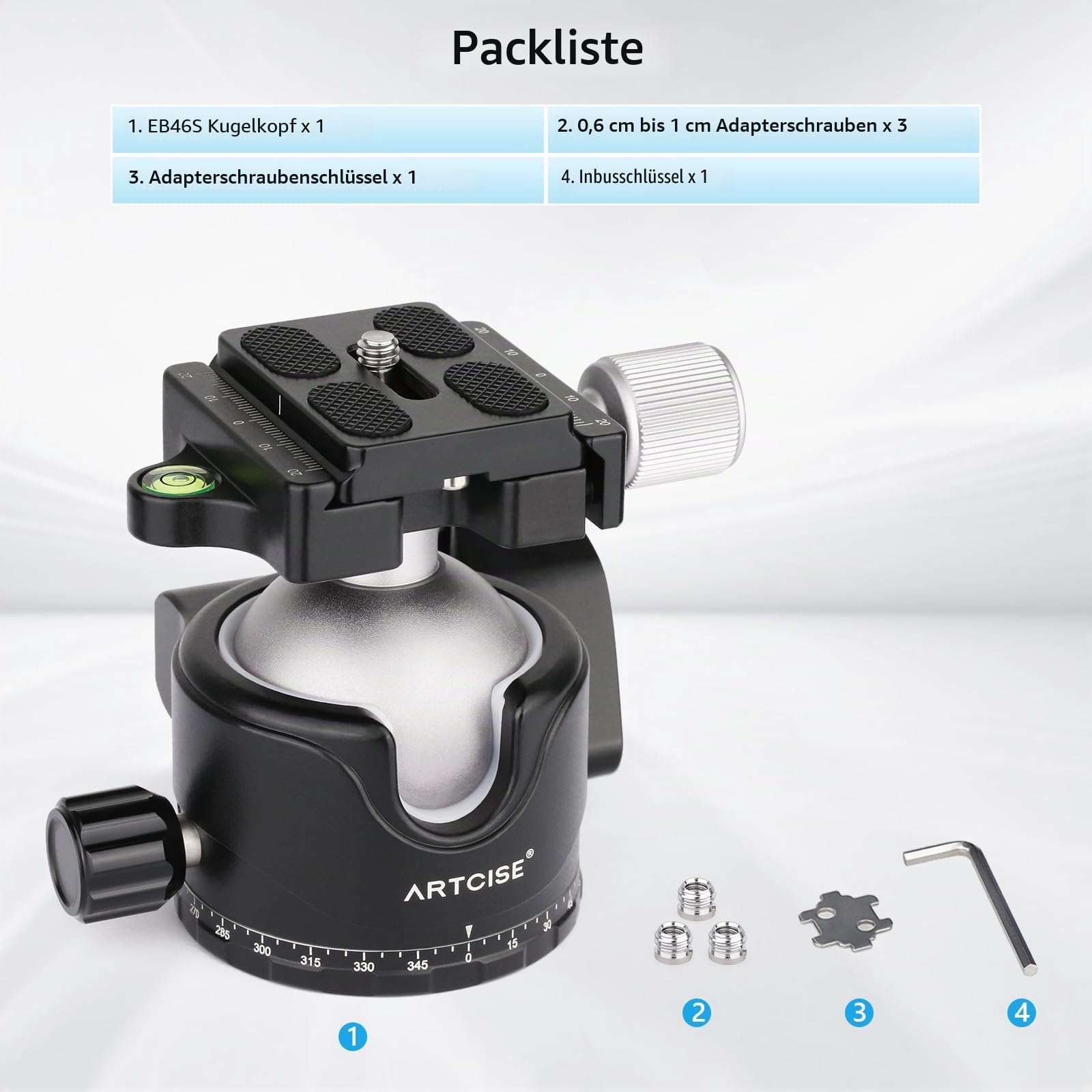 ARTCISE Niedriger Profil-Kugelkopf, 46 mm, 360°-Panorama-Metall-Stativkopf mit Arca-Schnellwechselplatte und 1/4 Zoll auf 3/8 Zoll Konvertierungs-Gewindeadapter für Stativschieber DSLR, maximale