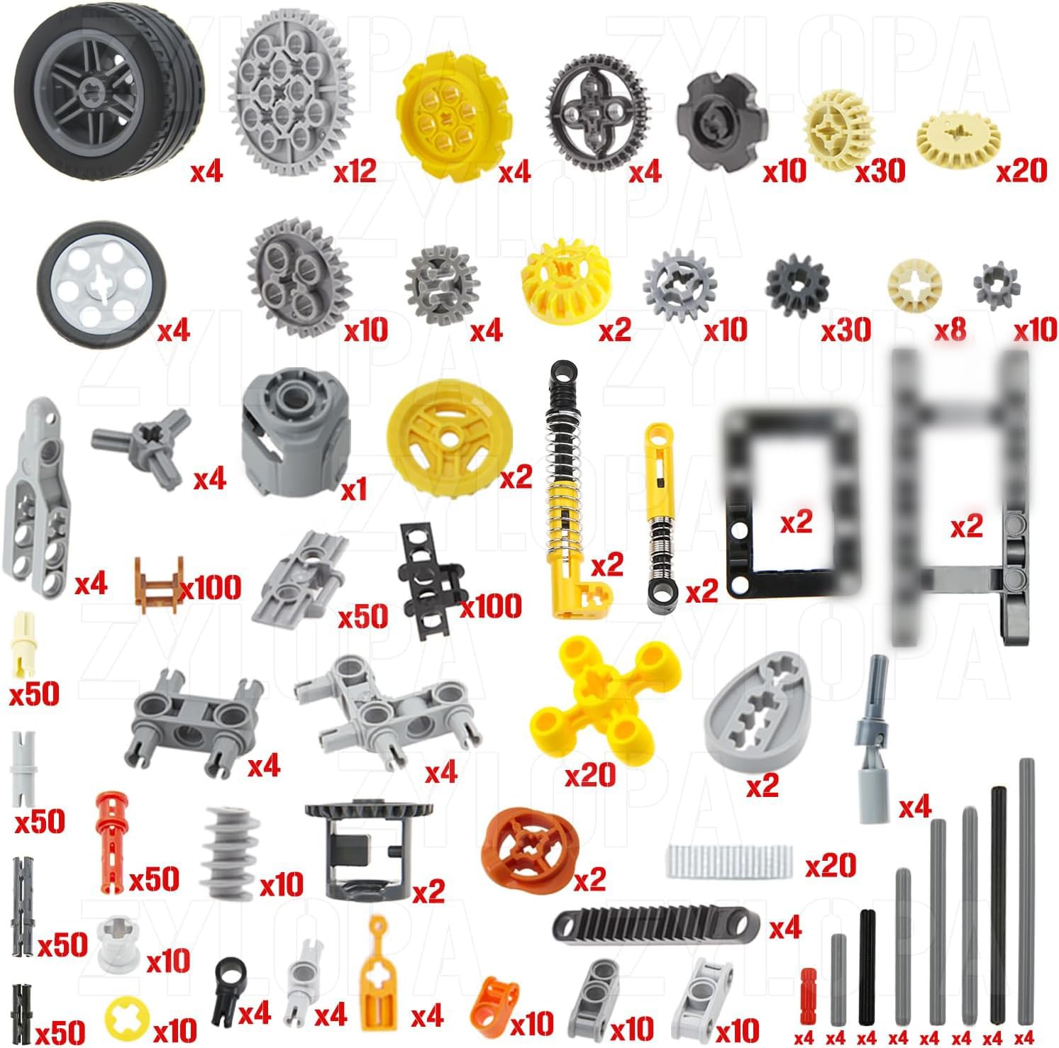 854 Piezas Technic-Parts-Set de Engranajes Ejes-Pasadores-Bricks-Connector Caja de Cambios-Juntas universales-Cadena-Orugas Amortiguadores-Ruedas de Coche-Neumáticos-Eje de dirección