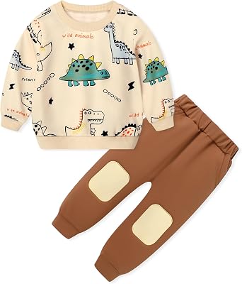 Toddler Boy Clothes Little Dinosaur Printed Long Sleeve Tops and Pants 2pcs Fall Winter Sweatsuit for 2-6 Years