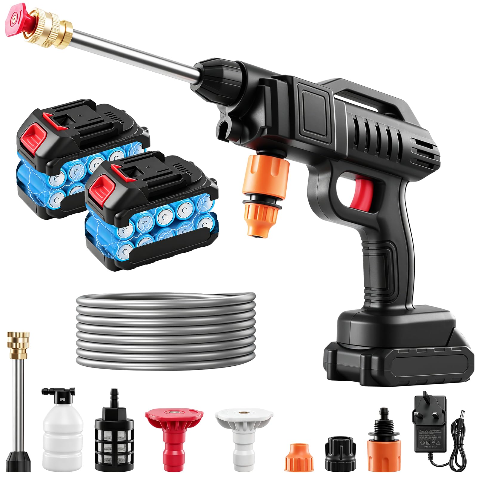 papasbox 1500W Cordless Pressure Washer, 21V Portable Power Cleaner with 870 PSI, 2 Nozzles, 2000mAh Battery, 16.4FT Hose, for Car, Floor, Garden & Outdoor – Includes Bucket