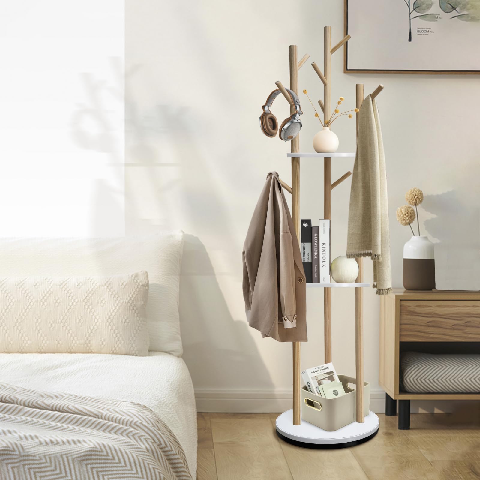 SUNDOY Drehbarer Garderobenständer aus Massivholz, 3 Ablagen & 9 Haken, stabil & einfach zu montieren, für Flur & Schlafzimmer, 165×41×41 cm, für Hüte, Schals & Taschen (Drehbare Garderobe)