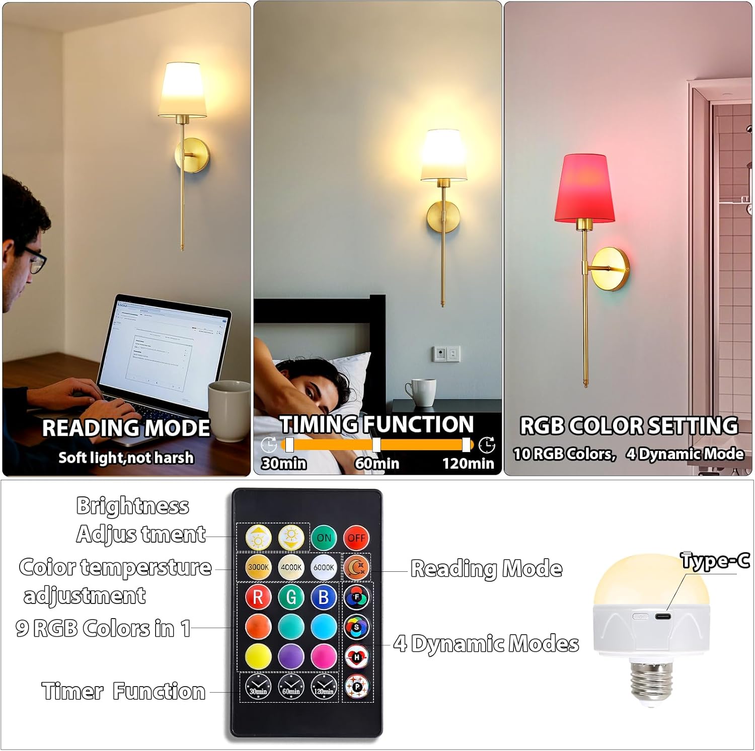 Battery Operated Wall Sconce Set of 2, Gold Rechargeable Wireless Wall Sconces with Remote & 5200mAh Dimmable RGB Bulbs, 10 Colors Adjustable Wall Light for Living Room Bedroom Hallway