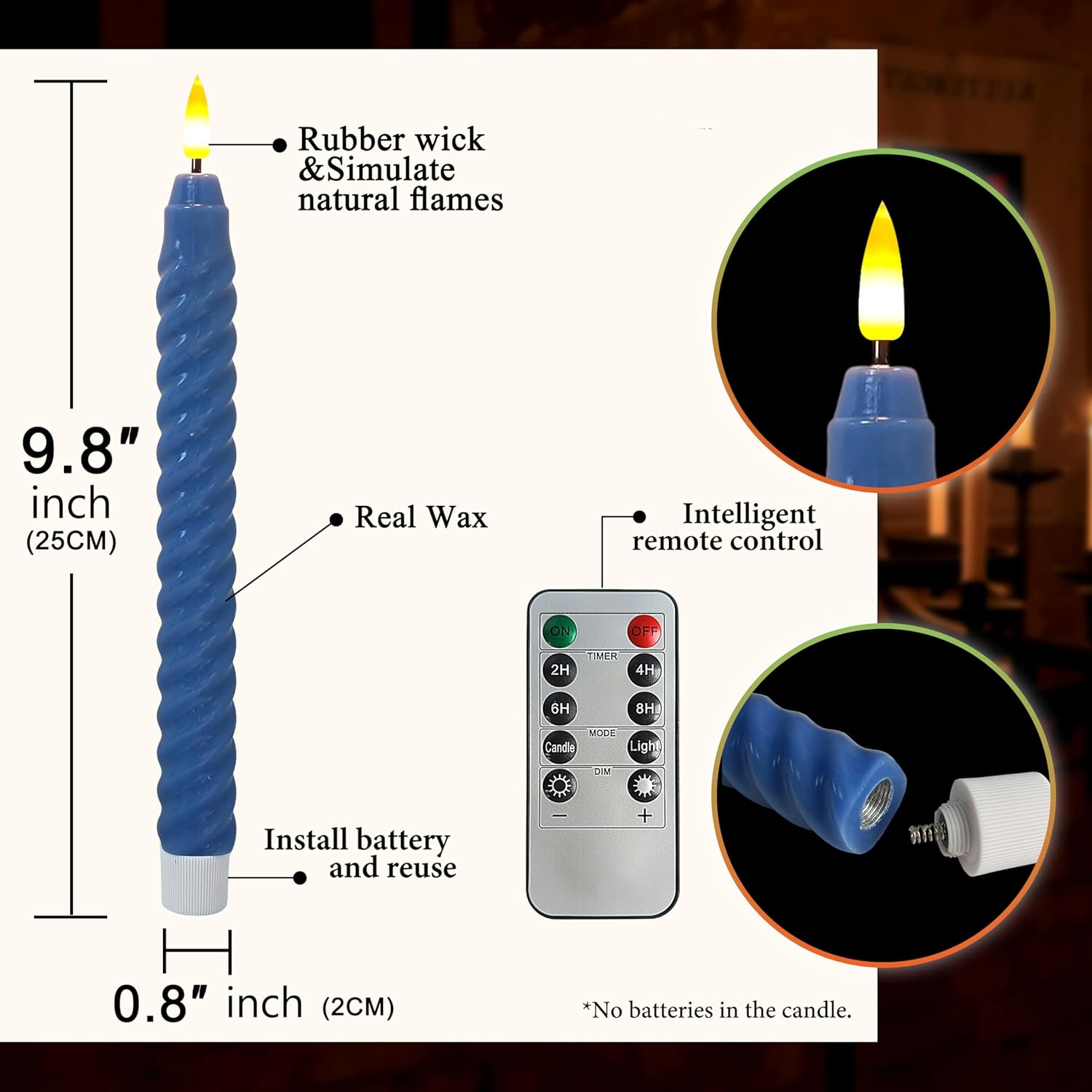 Dark Blue Spiral Flameless Taper Candles, 9.8 Inch Flickering Candles with Remote and Timer, Real Wax Candlesticks LED Battery Operated 3D Wick for Wedding Party Home Decor, 6PCS