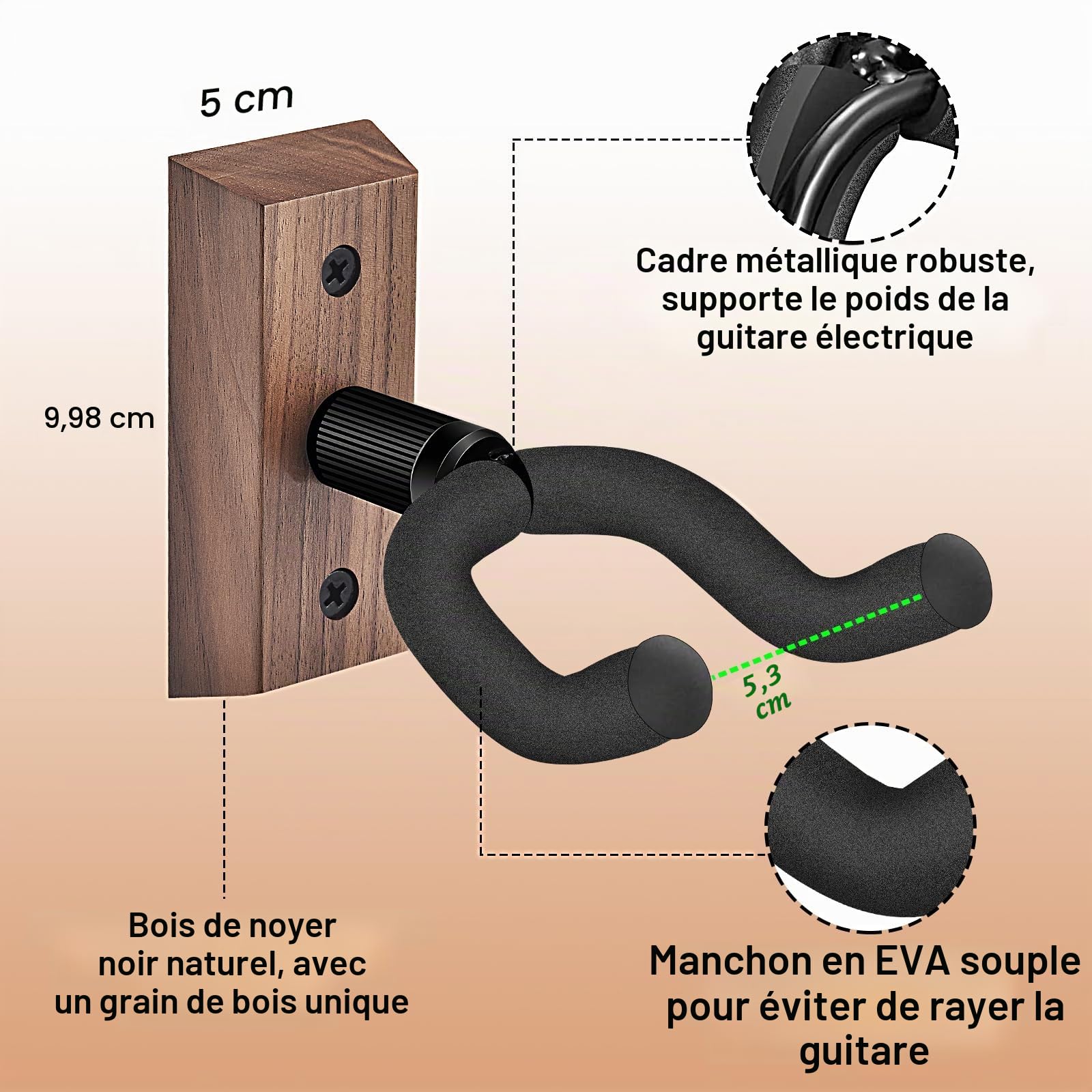 Support Guitare Mural 4 packs, Support Mural Guitare avec Crochet de Guitare Souple Réglable pour Toutes les Tailles de Guitare, Support Mural en Forme de U en bois dur pour Guitare Acoustique, Basse