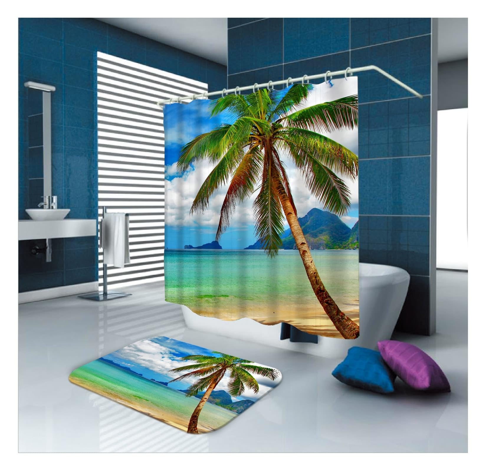 Rideau de douche plage marron 150x180 cm en polyester lavable