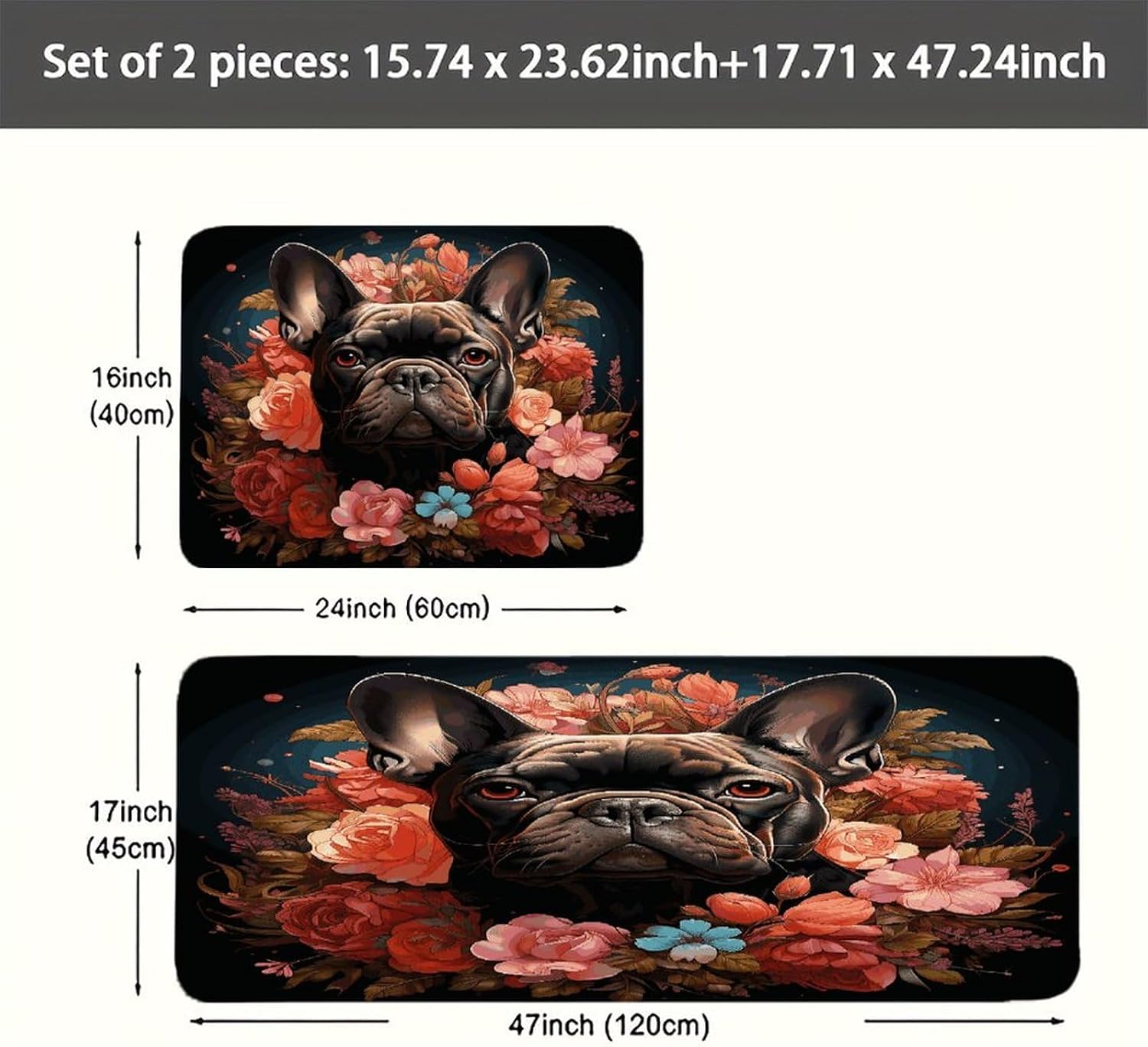 Bulldog and Flowers Kitchen Mat Kitchen Rug Set | Kitchen Rugs Flannel Velvety Washable breathable Water Absorbent Soft ，kitchen utensils for Kitchen, Floor,Laundry