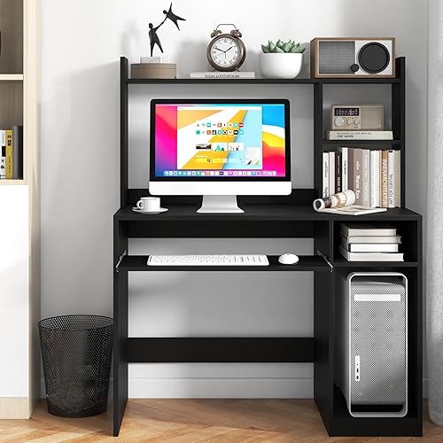 Miniatura 9 de COSTWAY Escritorio negro para computadora con estante de almacenamiento, escritorio de madera con gabinete, escritorio de oficina con soporte para