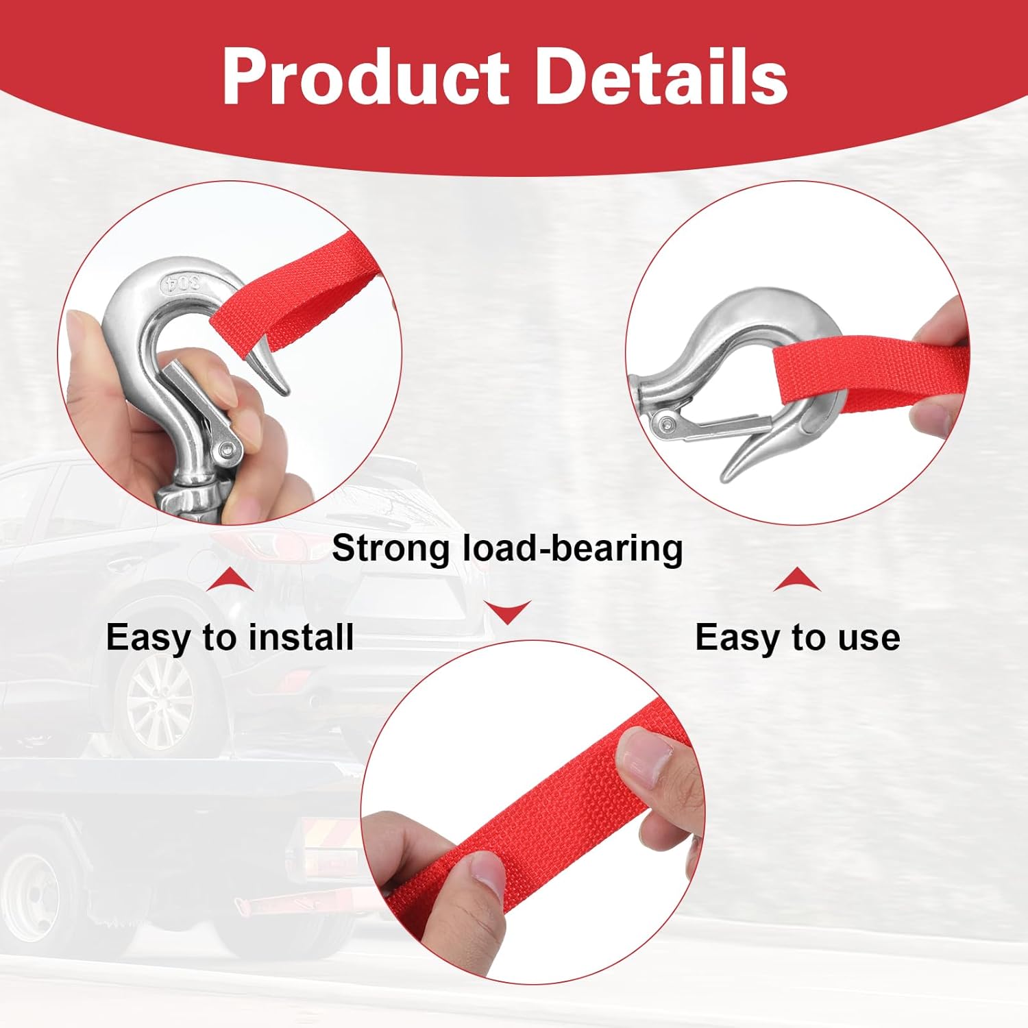 5 Piece Winch Hook Pull Straps 11'' Long Nylon Winch Strap 1 '' Wide Red Safety Hook Straps for Cable Rope Winches