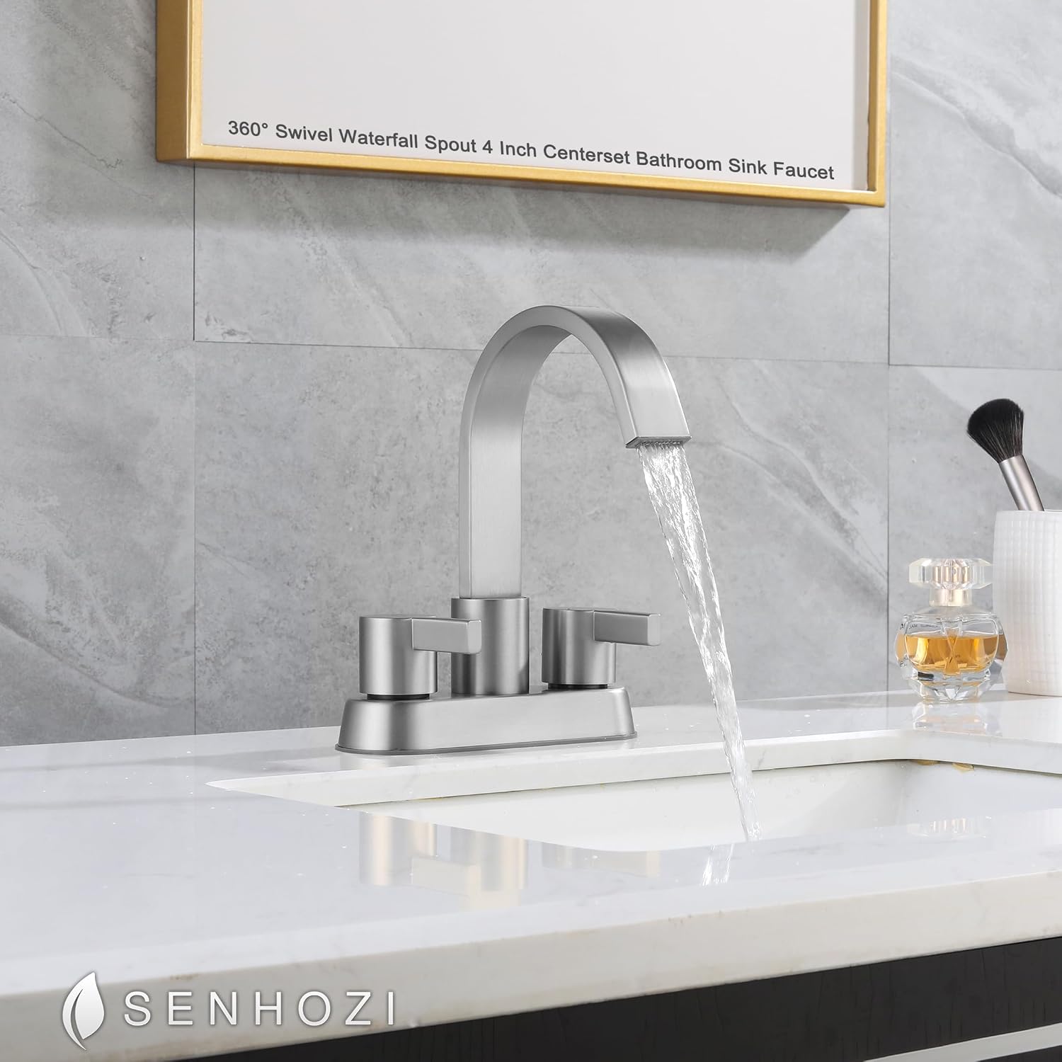 A brushed nickel faucet with a 360-degree swivel waterfall spout, highlighting its design and functionality.