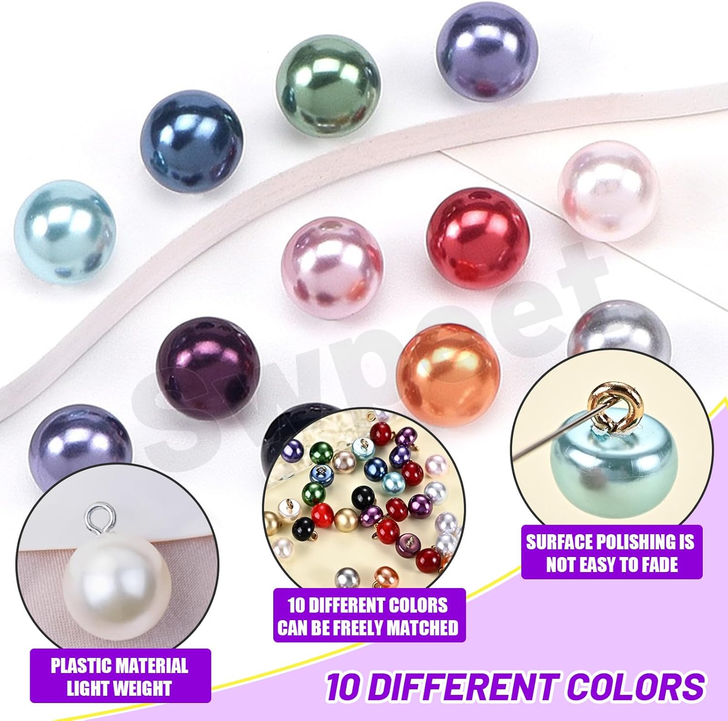 Swpeet 120Pcs 10mm 10 Color Half Pearl Buttons Assortment Kit, Decorative Faux Pearl Buttons with Shank, Sewing Buttons Bead Half Ball Domed Pearl Buttons for Clothes Wedding Dresses DIY Crafts
