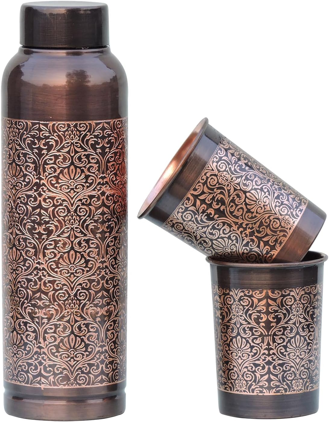 ANCIENT IMPEX Pure Copper Milton Water Bottle with 2 Tumblers – Floral Design | Ayurveda Benefits & Daily Hydration