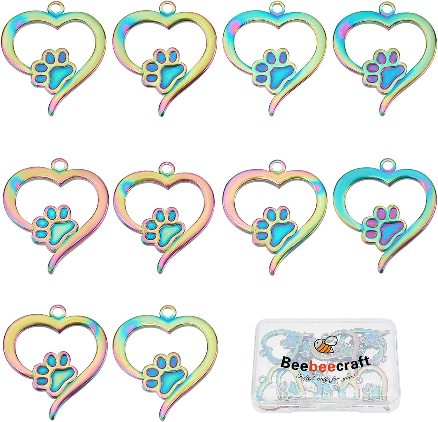 Beebeecraft 1 Box 10Pcs Dog Paw Charms Stainless Steel Rainbow Color Heart with Dog Footprint Charms for DIY Jewelry Making Necklace Bracelet Keychain