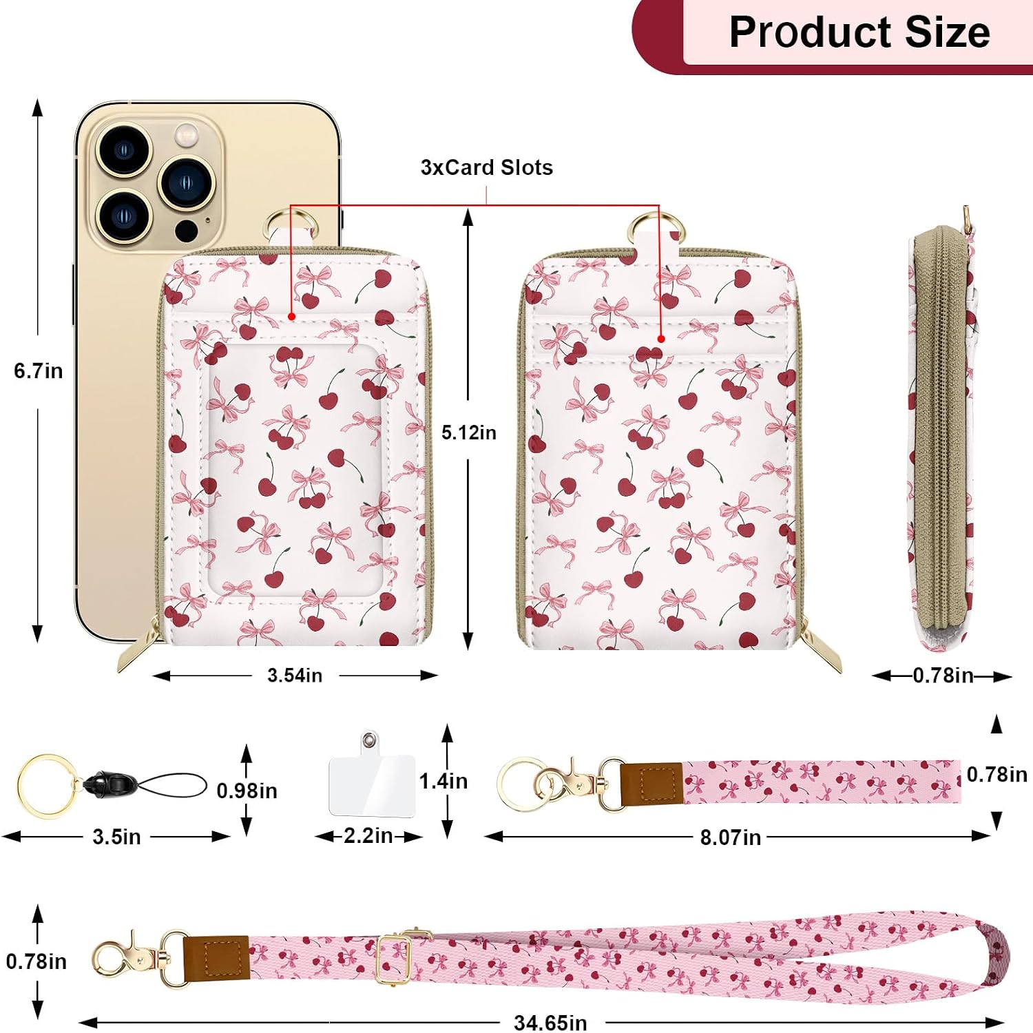 PU Leather Lanyard Bow-Tied Cherries Wallet with ID Badge Holder with 1 Zip Pocket and 3 Card Slots Keychain for Office School Business image 2