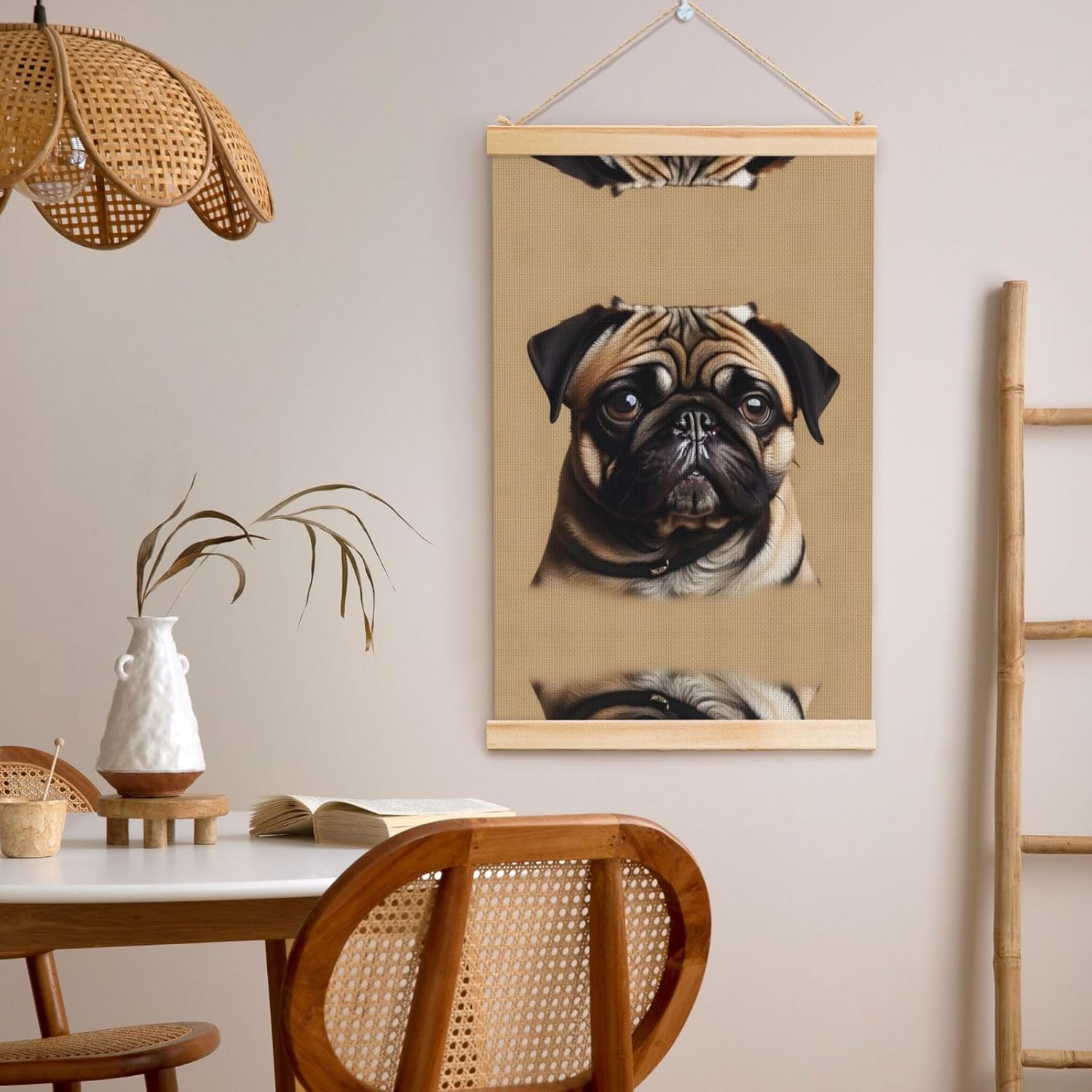Pug Dogs Print Poster Hanger,Hanging Poster, Poster Frame,Wood Poster Hanger, For Wall Hanging