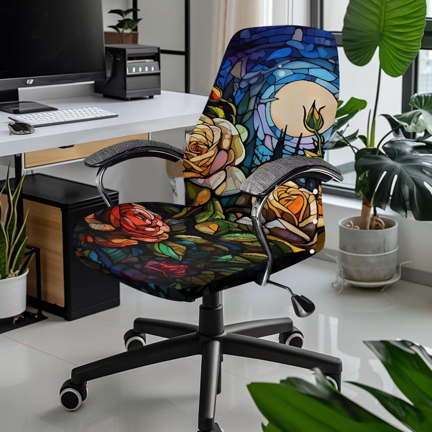 Art Roses Office Chair Cover One Piece Water Resistant Stretch Jacquard Computer Chair Slipcover with Elastic Bottom for Armrest Chairs Armless Chair Cover Slipcover,L