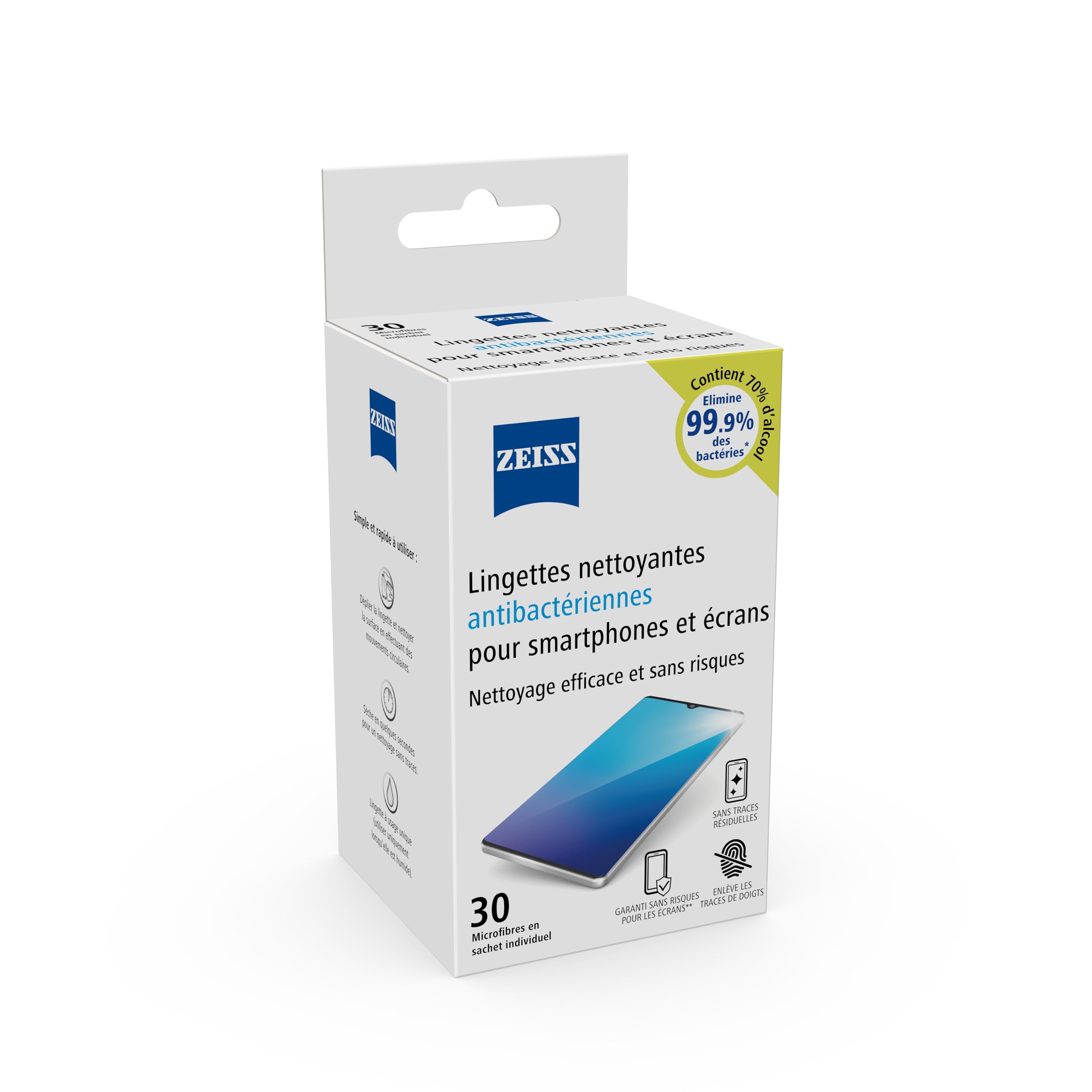 Zeiss - Lingettes Nettoyantes Antibactériennes pour Smartphones et Écrans - Boîte de 30 - Éliminent 99,9% des Bactéries - Microfibres sans Rayures - Sachets Individuels - Compatibles Tous Écrans