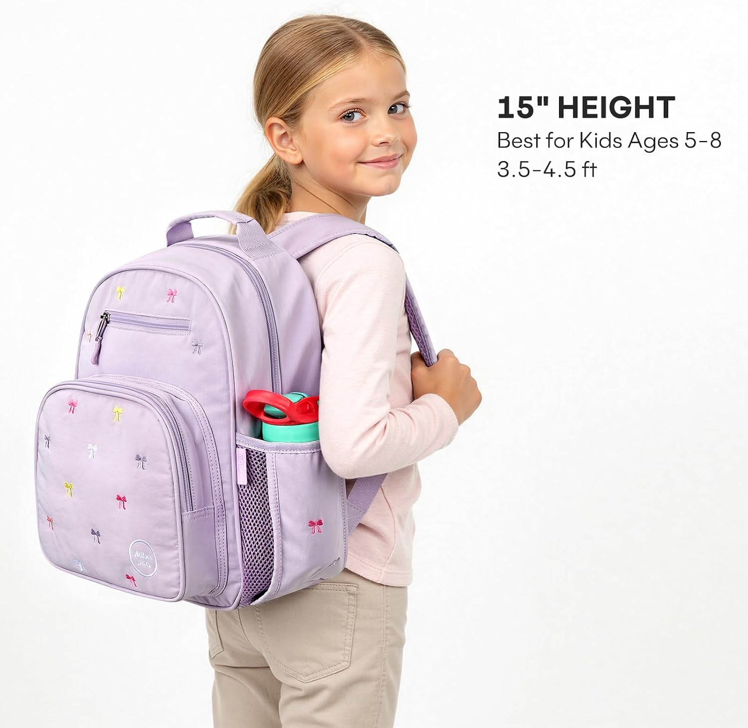 mibasies Girls Backpacks Ages 5-8: Quilted Backpack for Kids - Cute 15 Inches Bookbag for Kindergarten Elementary School Bow Purple