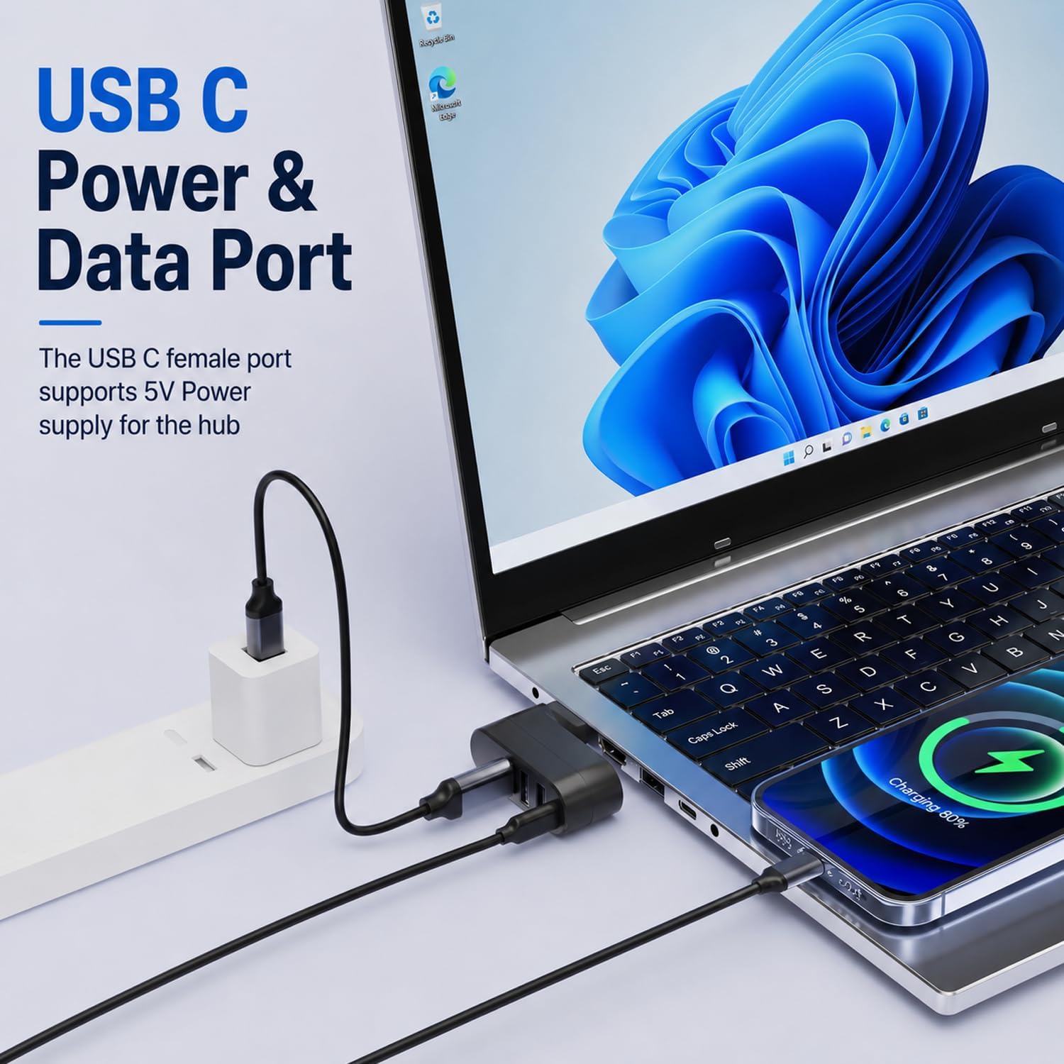 4-Port USB 3.0 Hub with 5W USB-C PD-in, 90°/180° Rotatable USB Splitter – USB Extender for Laptop, iMac, MacBook Air/Pro, Car, PC, Xbox, PS5 – Black