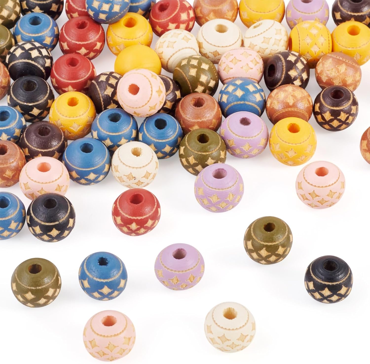 KISSITTY 60Pcs Colorful Natural Round Wood Bead Large Hole Wooden Craft Beads Bulk with Mesh Pattern Ball Mixed Pattern Loose Spacer Beads for Bracelets Necklaces Keychains Jewelry Making - Image 8