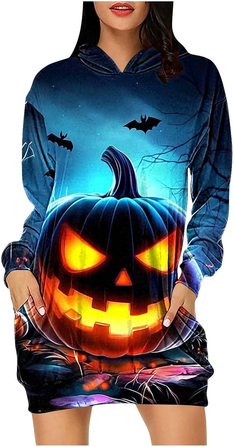 Halloween Hoodie Dress for Women Pumpkin Graphic Casual Long Sleeve Fall Tunic Dress Spooky Holiday Outfit