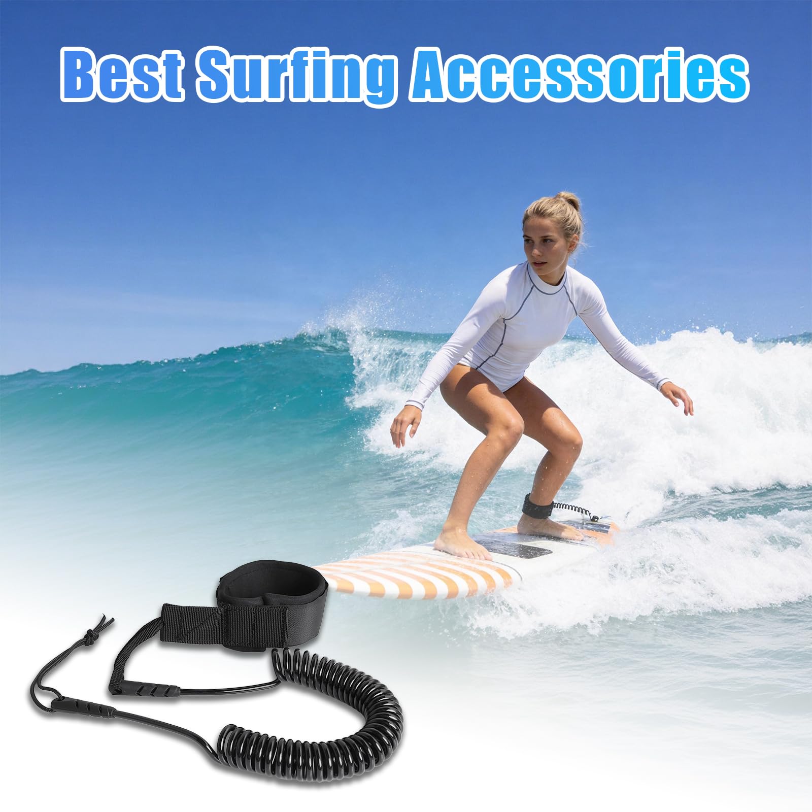 SUP Leash Leash 10ft, zwijana deska surfingowa z paskiem na stopę, 5 mm linka bezpieczeństwa TPU do deski SUP, deski surfingowej, kajaka, longboardu – czarna i pomarańczowa