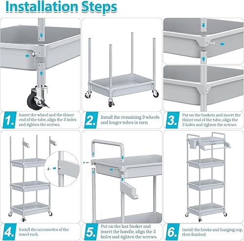Miniatura 7 de SPACEKEEPER Carrito de almacenamiento rodante, organizador de baño de 4 niveles, carrito de servicio, organizador de lavandería, estantería móvil