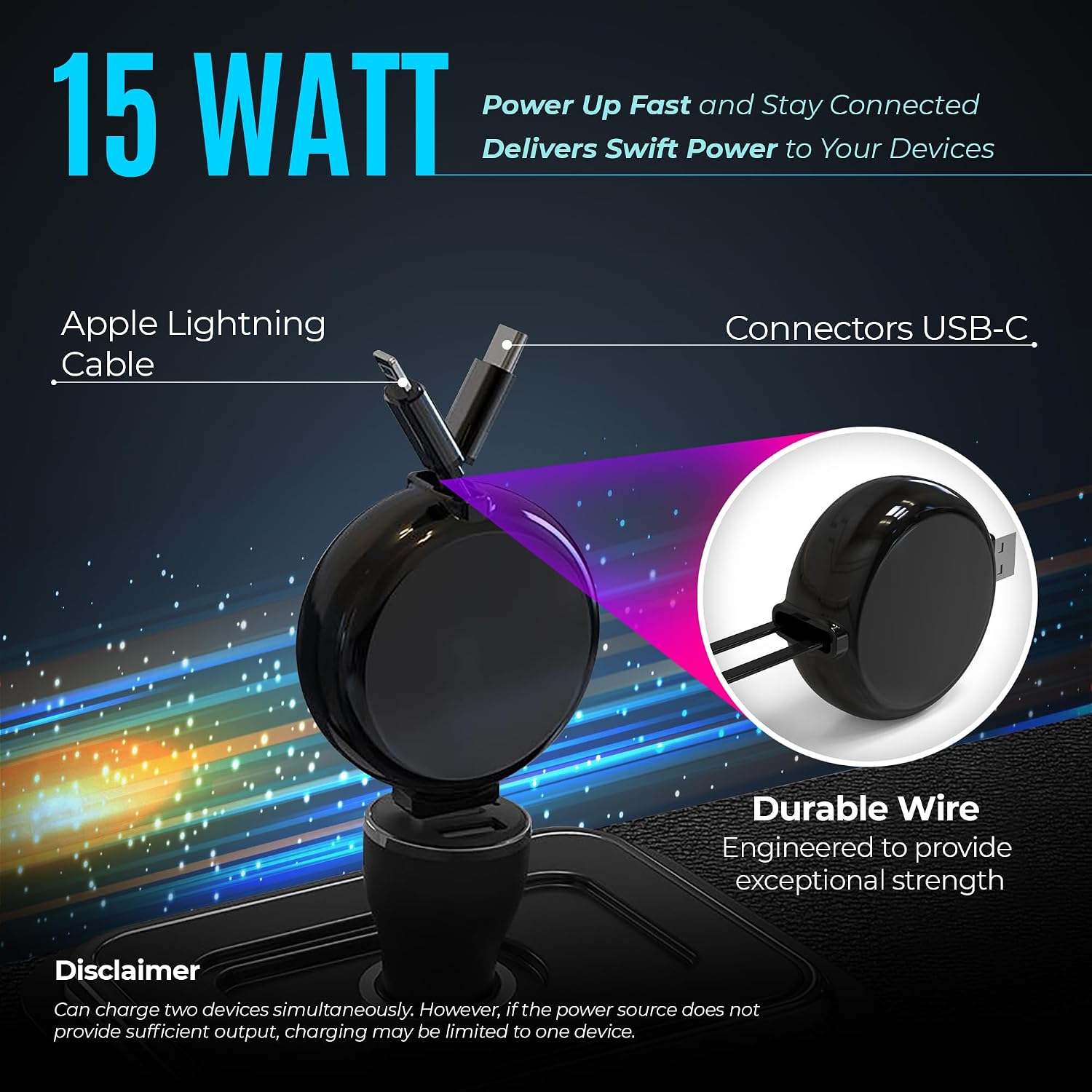 2-in-1 Retractable Charger for Car iPhone and Android, Wall Outlet or PC | Modern Car Charger Retractable Cord | 15W Fast Charging | Does not Work with CarPlay