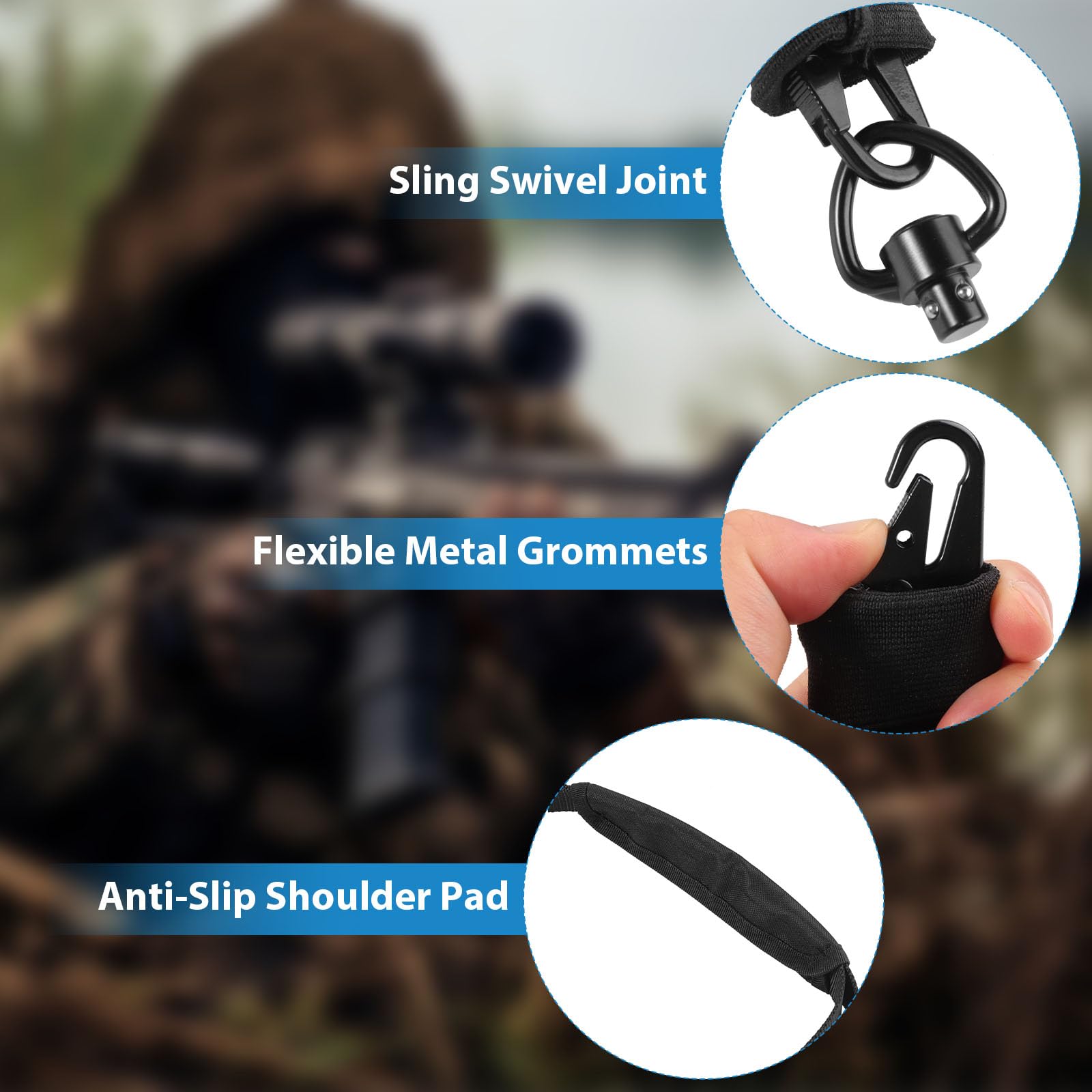 Correa Tactica 1 Punto Sling Airsoft Ajustable Eslinga Rifle Nylon Correa Táctica de Un Puntos con Gancho de Metal Hombrera Antideslizante y 2 QD Sling Swivel para Deportes al Aire Libre Caza