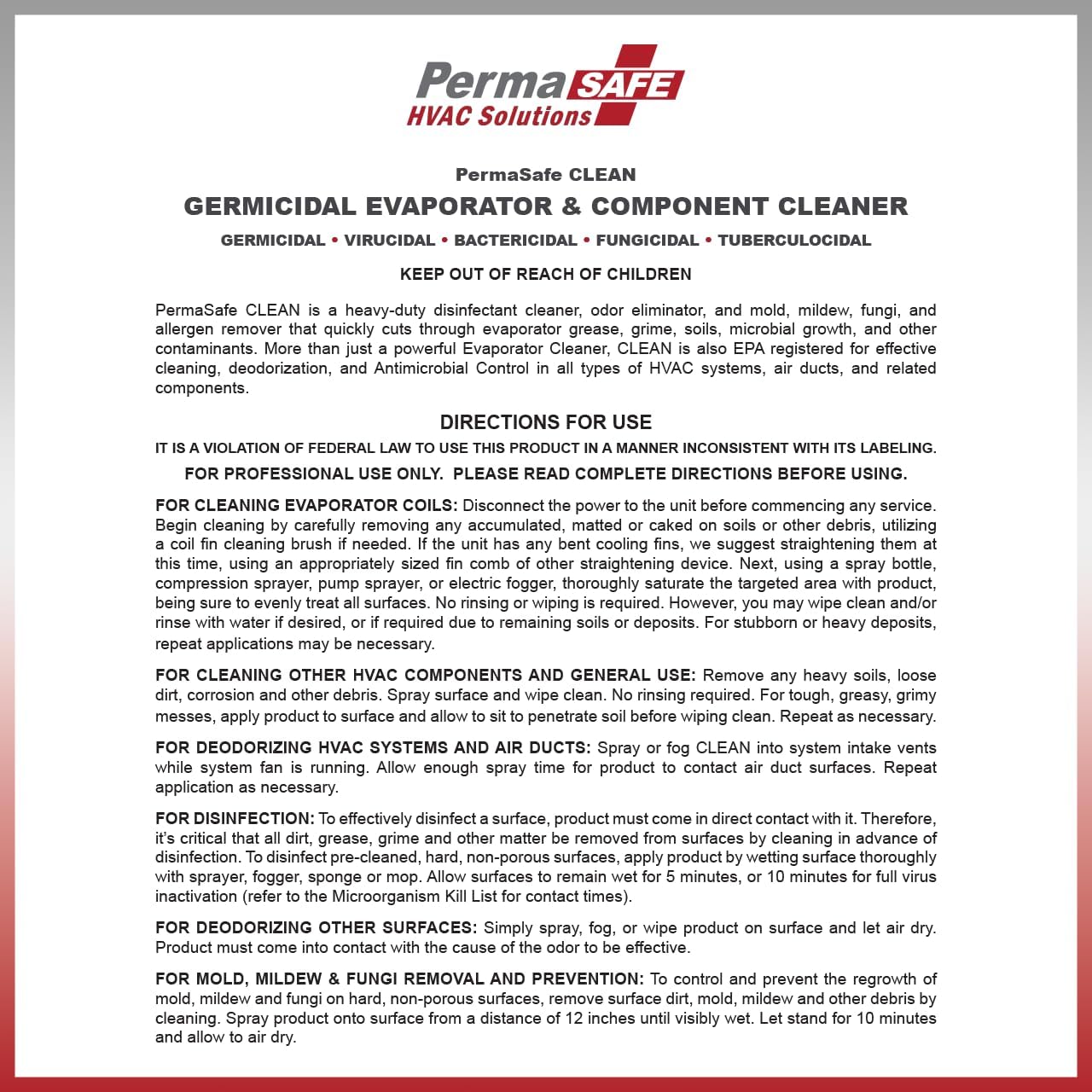 PermaSafe HVAC Solutions, Germicidal Evaporator Coil & Component Cleaner, Quickly and Effectively Cleans, Disinfects, Deodorizes and More