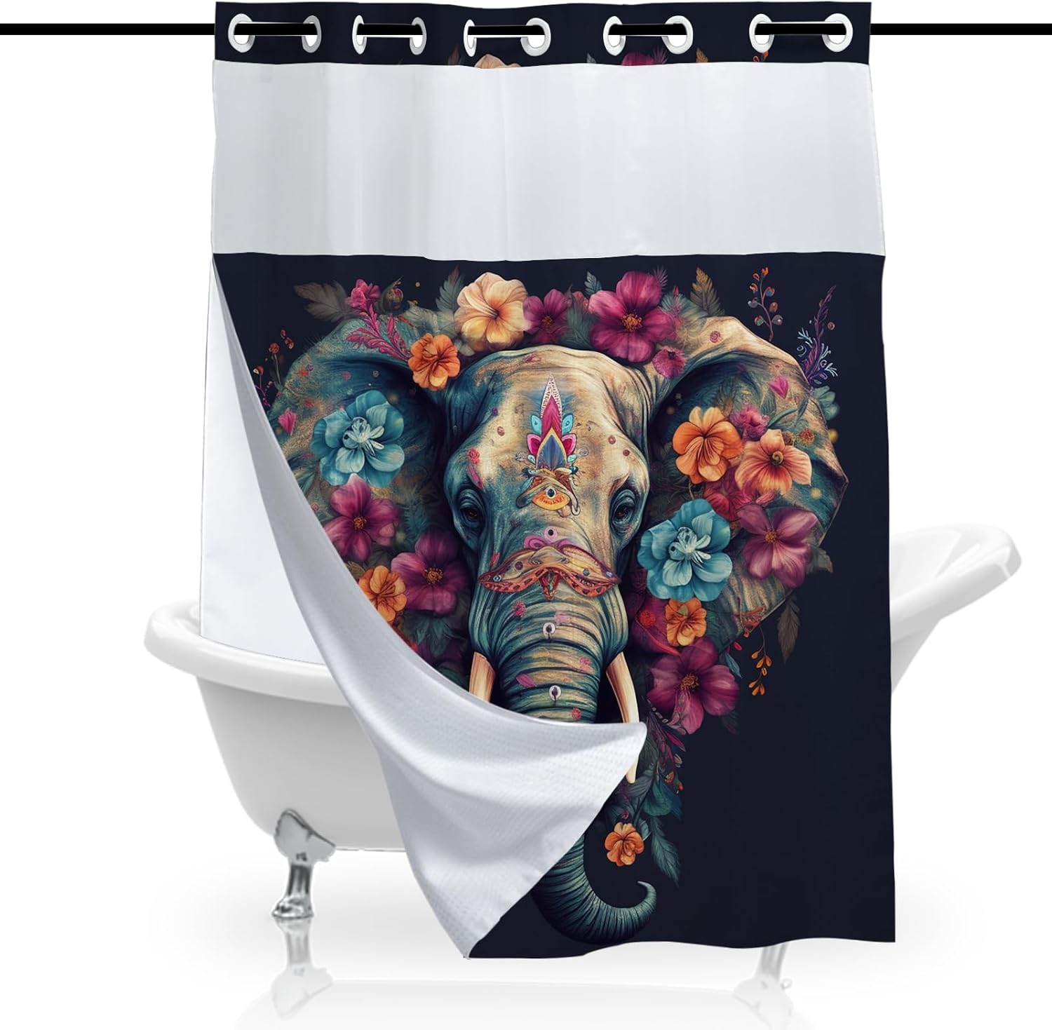 Cute Elephant Shower Curtain for Bathroom, Waterproof Waffle Floral Kids Animal Shower Curtain with Snap in Fabric Liner Set, Heavy Duty Shower Curtains Hotel Spa Luxury Polyester 72Wx74H No Hook