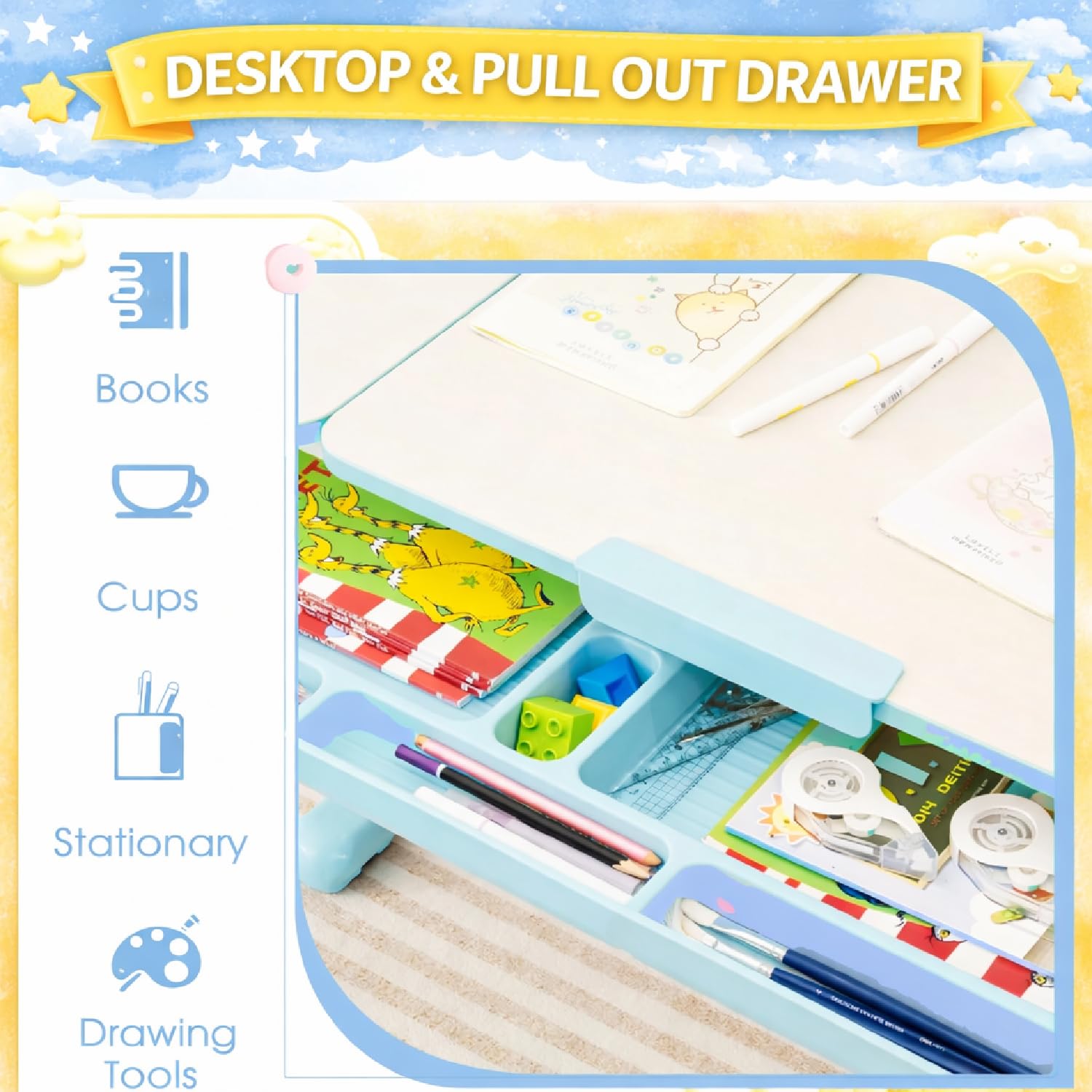 NUCARTURE Kids Study Table with Chair Height Adjustable Computer Table and Chair for Toddlers Children Desk with Storage Cabinet Kindergarten Writing Table (Blue, Adjustable Table with Bookshelf) 4