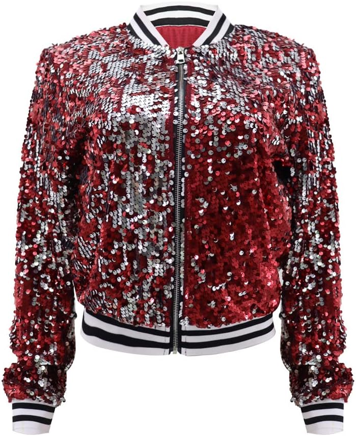 Women Sequin Jacket Long Sleeve Front Zipper Ribbed Blazer Bomber Jacket - Image 4