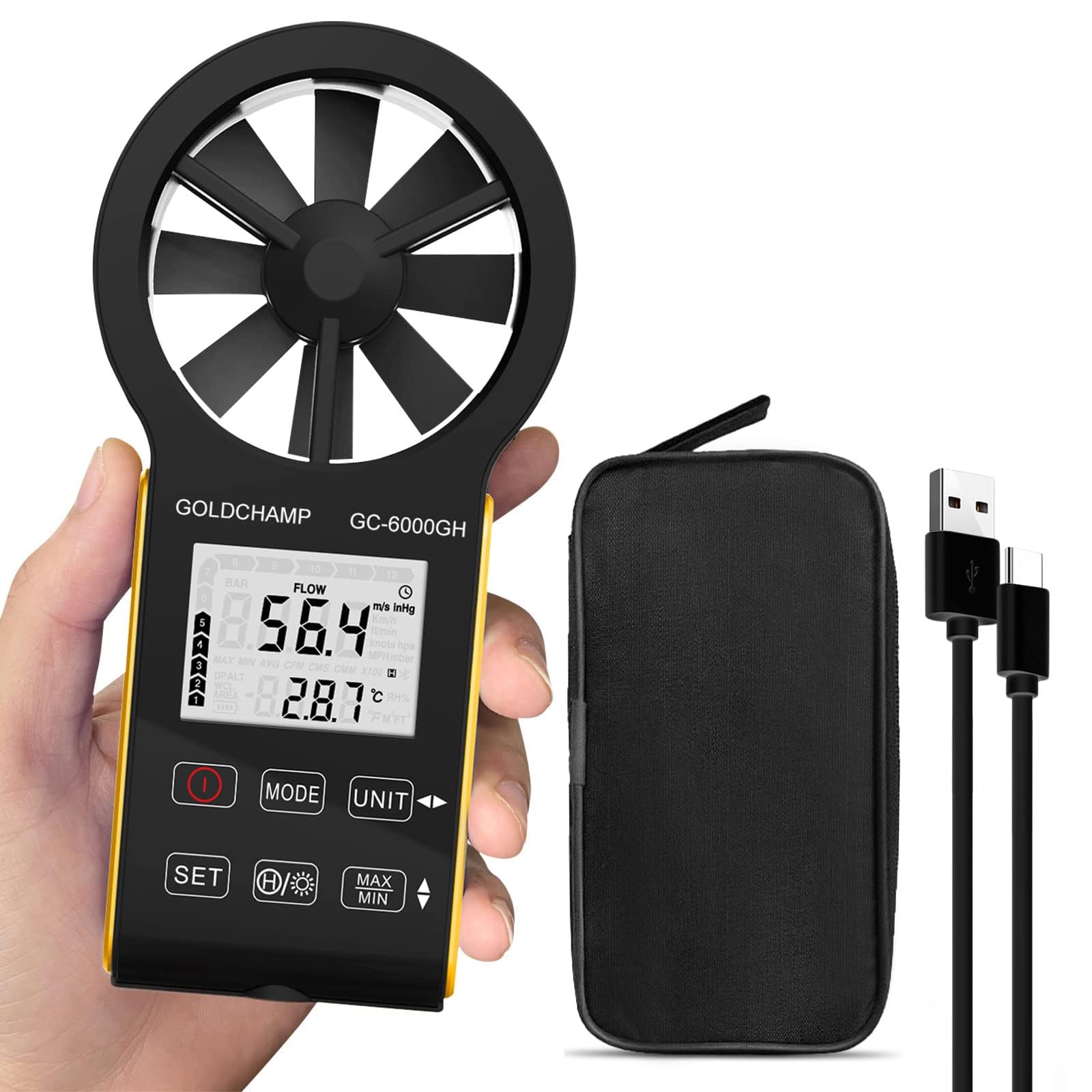 Anemometro digitale, CFM, ricaricabile e impermeabile, misura la velocità del vento (0,3 ~ 30 m/s), volume d'aria (0-999900 ft3/min), touch screen, display retroilluminato per HVAC, tiro