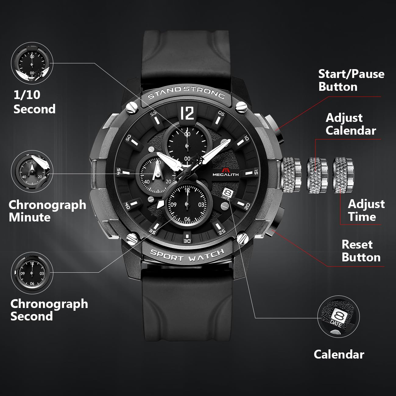 MEGALITH Heavy Duty Watches for Men: Military Sport Analog Chronograph with Luminous - Waterproof Design for Daily Casual Wear and Outdoor Sport Hiking Camping - Model 8231 — view 4