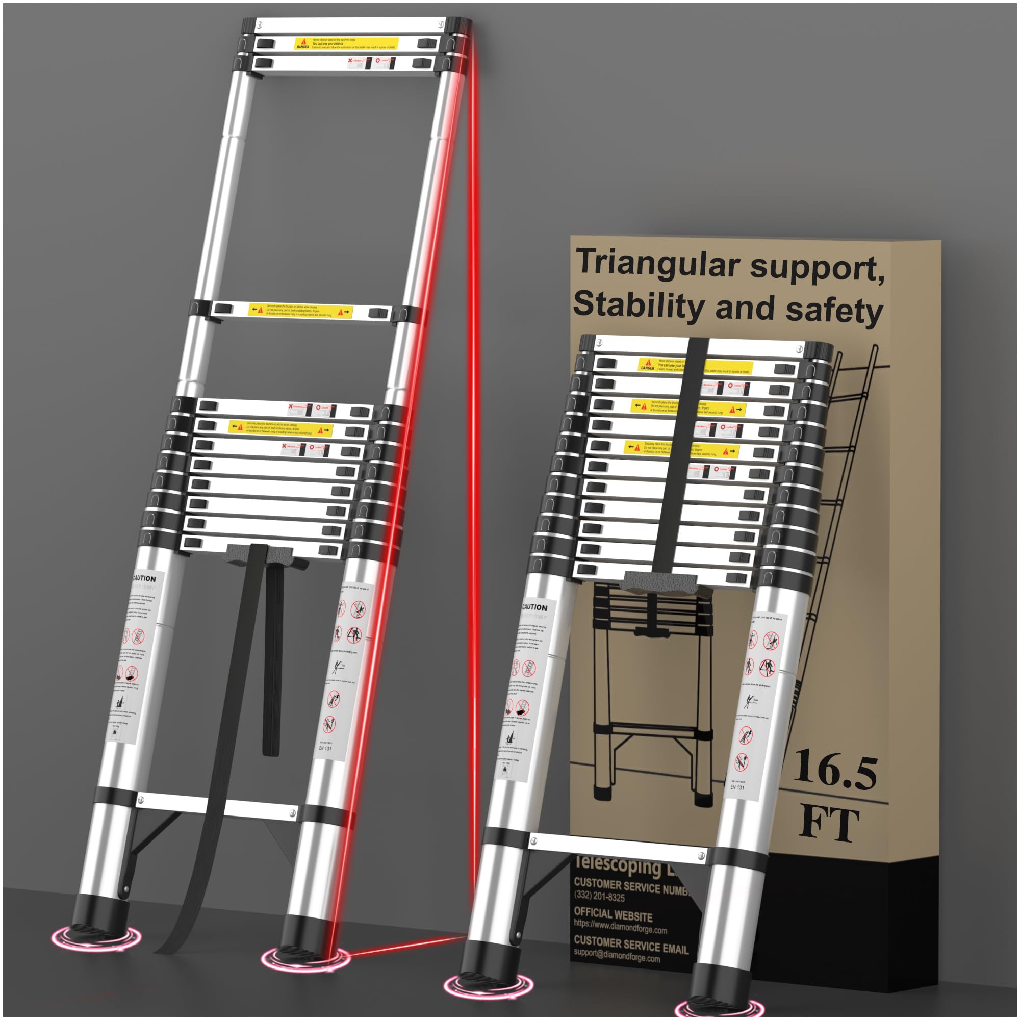 Telescoping Ladder, 16.5 FT Aluminum Extension Ladder 330 Lbs, Silver