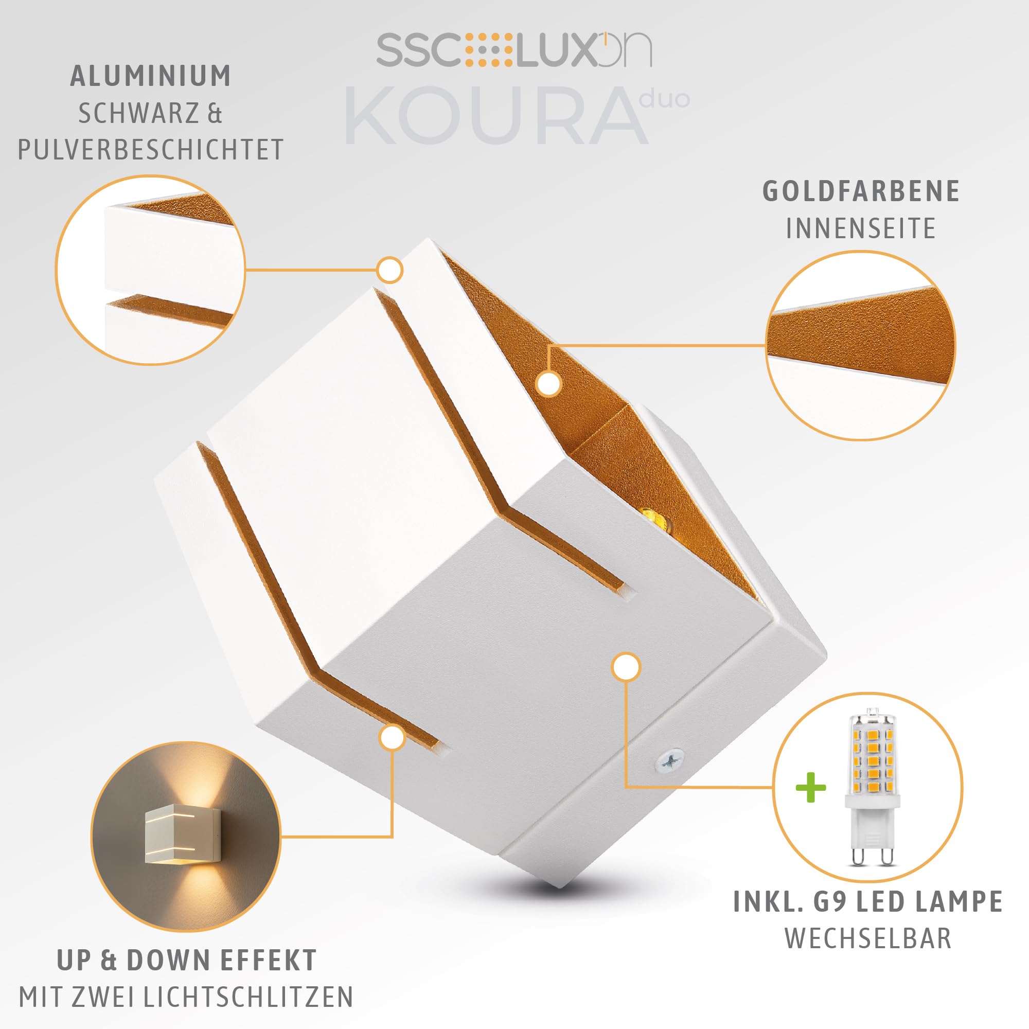 SSC-LUXon 4x KOURA DUO Wandlampe weiß Up & Down – Wandleuchte mit G9 3W Licht warmweiß – Diffuser Lichteffekt für indirekte Wandbeleuchtung