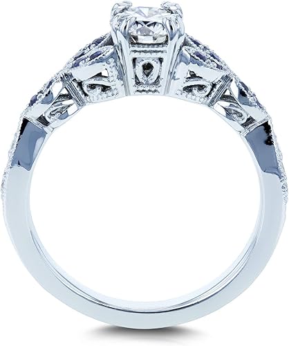 Miniatura 3 de Kobelli Anillo de compromiso redondo de moissanita con detalles de zafiro azul y hojas de oro blanco de 14 quilates GHVS GHI