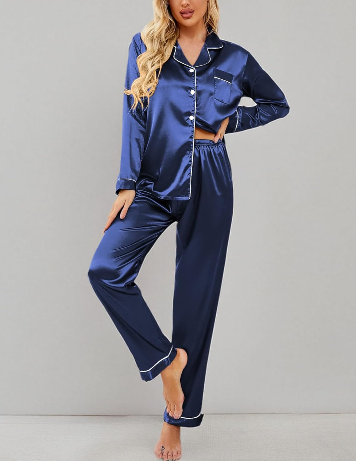 Ekouaer Women's Classic Button Down Long Satin Silk Pajama Set - Image 6