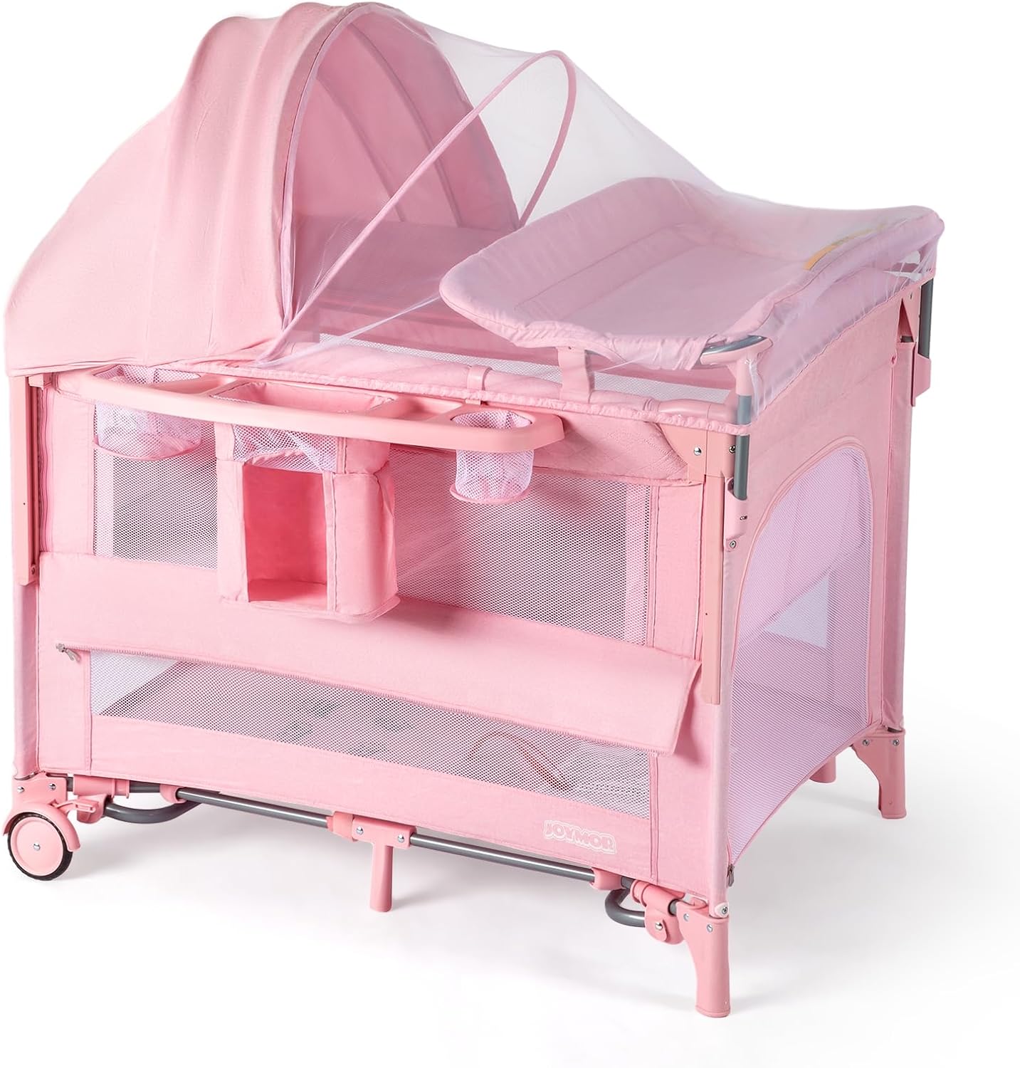 A fully assembled JOYMOR 9-in-1 Bedside Bassinet in pink, with changing table, mosquito net, and storage attached.