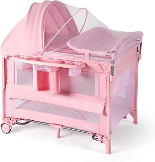 9 in 1 Bedside Bassinet with Changing Table, Pack and Play with Bassinet, Convert to Rocking Baby Bed with Electric Music Center, Mosquito Net, Storage,Pink