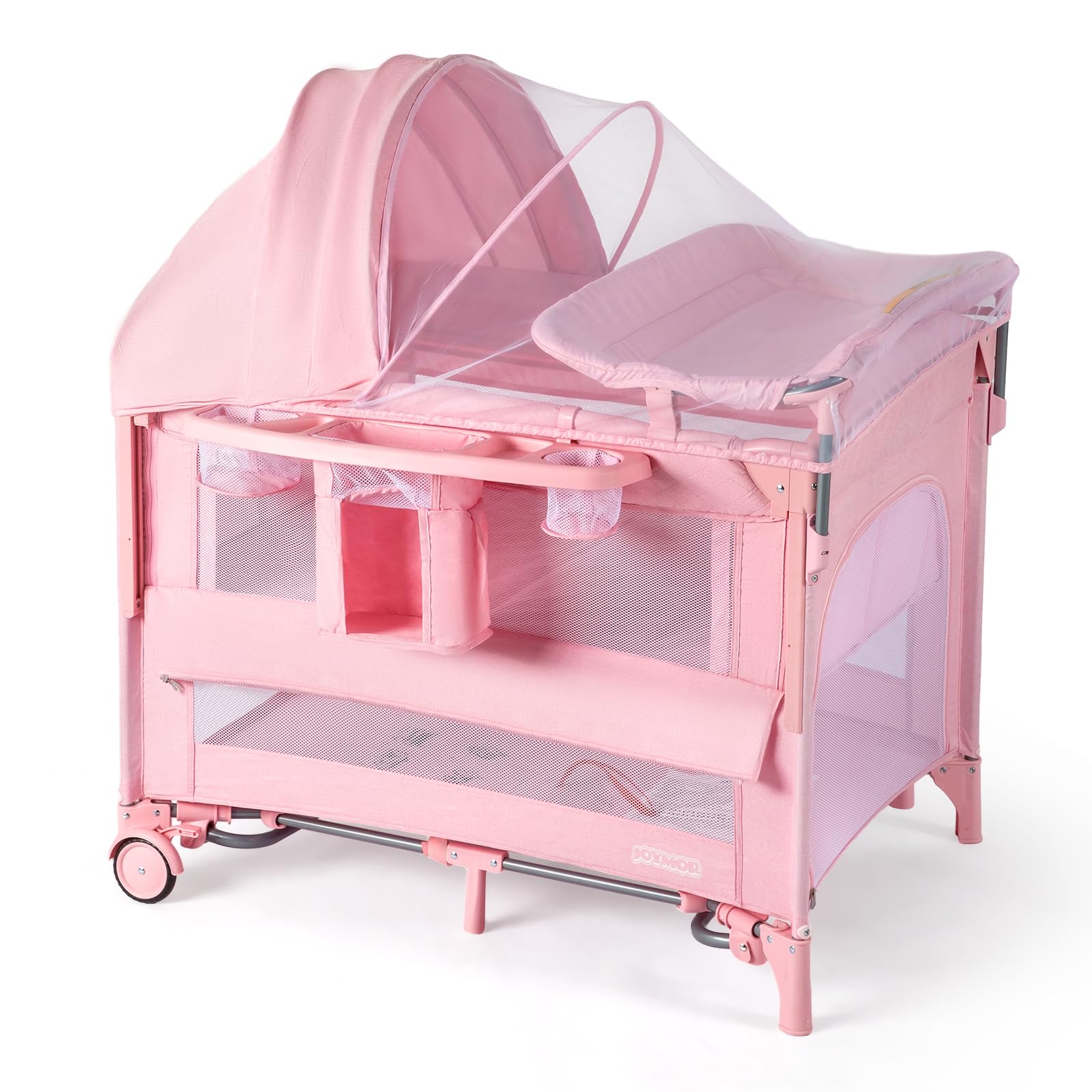 JOYMOR 9 in 1 Bedside Bassinet with Changing Table, Pack and Play with Bassinet, Convert to Rocking Baby Bed with Electric Music Center, Mosquito Net,