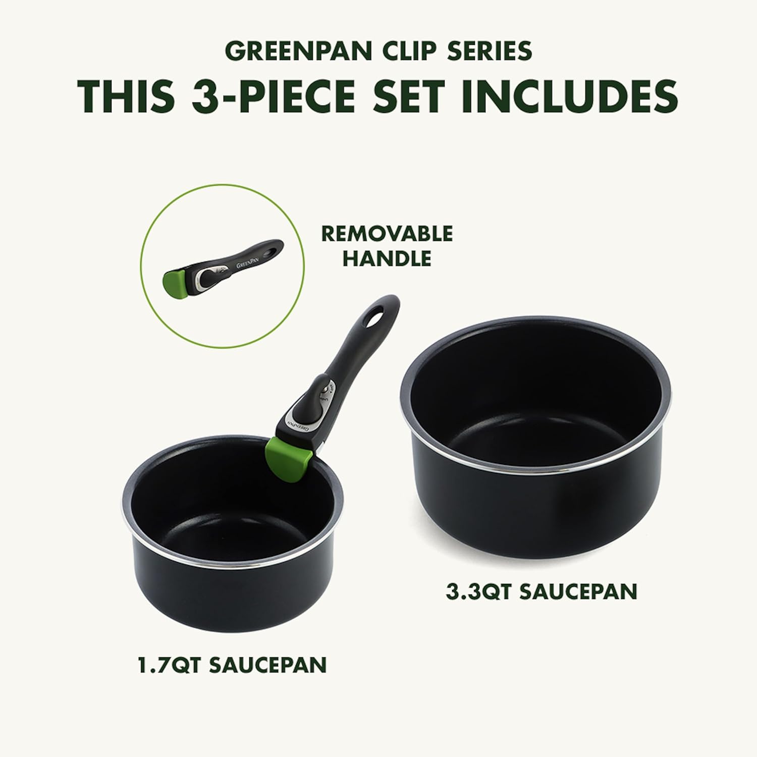 GreenPan Clip Series 1.7QT and 3.3QT Saucepan Set with Detachable Handle, Aluminum, Healthy Ceramic Nonstick Coating, Induction, Dishwasher Safe, PFAS-Free, Black