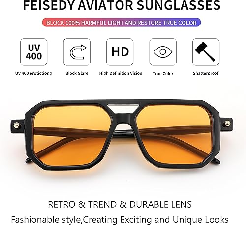 Miniatura 198 de Feisedy - B2622 - Lentes de sol estilo aviador, cuadrados, clásicos de los años 70, unisex, con montura clásica retro y elegante, UV400 Marco