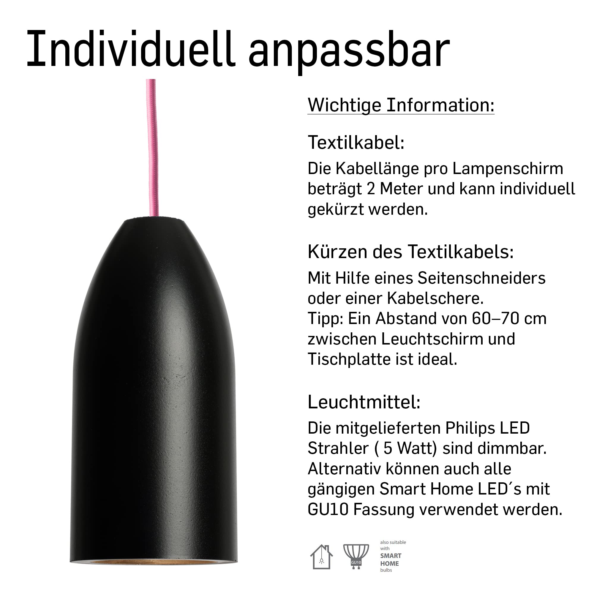 3 flammig Deckenlampe hängend (33 Kabelfarben) Beton schwarz Esszimmer Tisch Wohn- Essbereich Deckenschiene in Höhe anpassbar inkl. LED modern black edition