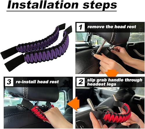 Miniatura 4 de Asas de agarre para reposacabezas (púrpura), asas de agarre para reposacabezas de paracaídas para Jeep Tacoma Bronco 4Runner, asas de agarre