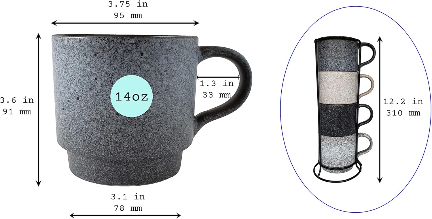14oz Stackable Ceramic Coffee Mugs with Metal Rack, Assorted Colors - Set of 4 Space Saving Durable Stacking Cups with Speckled Finish